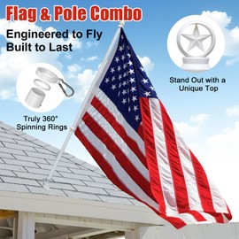 American Flag with Pole Kit - 6ft Stainless Steel Flagpole for Outside House,3x5 Embroidered US Flags,Tangle-Free Outdoor, Metal Holder Mount Bracket for Residential Porch,Wall,Roof,Garage -White