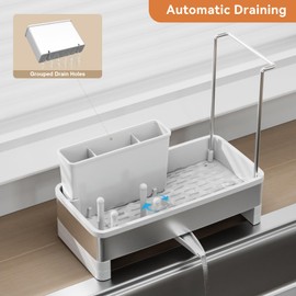 Laveshop Sponge Holder for Kitchen Sink, Rustproof Stainless Steel Sink Caddy with Auto-Drain, Removable Brush Holders, Soap and Dishcloth Organizer, White