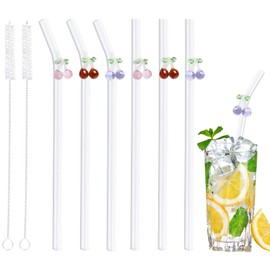 6 Pack Reusable Glass Straws, Glass Drinking Straws with Cherry Design, 3pcs Straight Glass Straws and 3pcs Curved Glass Straws