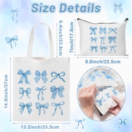 Y1tvei Blue Bows Canvas Bags - 2Pcs Cute Blue Coquette Aesthetic Tote Bag with Inner Pocket, Reusable Grocery Folding Shopping Bag, Bow Knot Zipper Makeup Pouch Gifts for Women Girls Daughter Mother