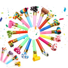 Pack of 20 party horns, party flushes, noise maker, party fun, multi-coloured blower party whistle, noisemaker, for New Year, birthday party, children's party, Christmas