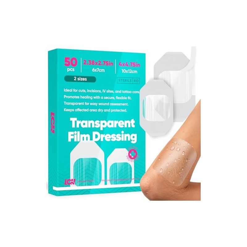 50 Pack Waterproof Transparent Film Dressings - 2 Sizes