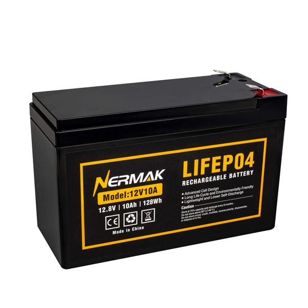 NERMAK 12V 10Ah Lithium LiFePO4 Deep Cycle Battery, 2000+ Cycles Rechargeable Battery for Solar/Wind Power, Small UPS, Lighting, Scooters, Power Wheels, Fish Finder and More, Built-in 10A BMS