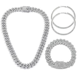 JUNVirtuous Cuban Link Chain for Women,3 Pieces Diamond Cuban Link Chain Necklace Bracelet Earrings Iced Out Chain Silver/Gold Bling Hip Hop Jewelry for Women(18 Inch, Silver)
