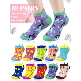 Floraltop 10 Pairs Funny Womens Softball Socks Athletic Cotton Low Cut Ankle Socks Novelty Gift for Women Girls Softball Players Lovers