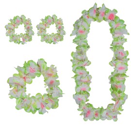Leis for Luau Party, 4 Pcs Hawaiian Leis Flower Single Color, Necklace Headband Wristband, Beach Party Favors Flamingo Floral Orange White Blue Accessories for Women Men (Green 4Pcs=1Sets)
