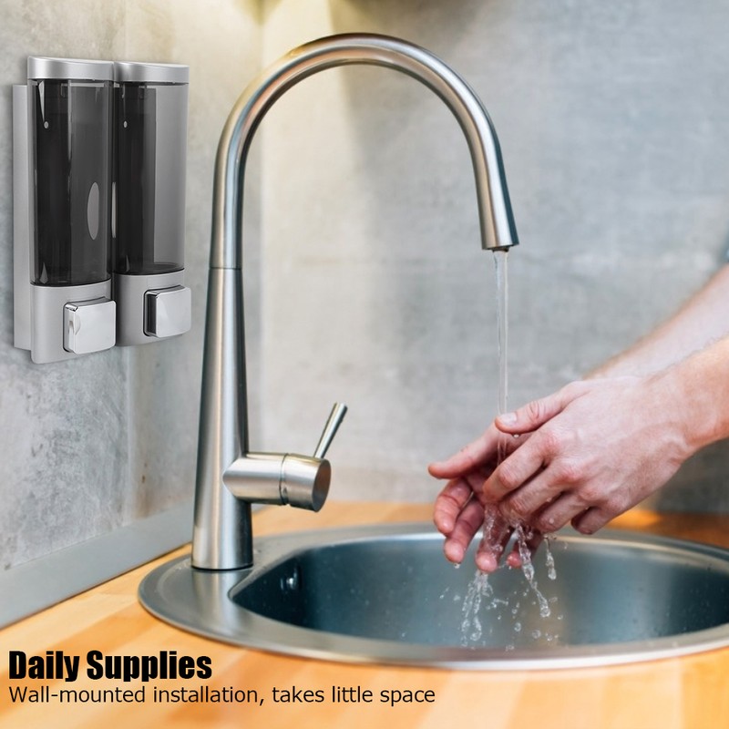 200MLx2 Silver DoubleHead Soap Dispenser WallMounted Manual Shampoo Dispensers