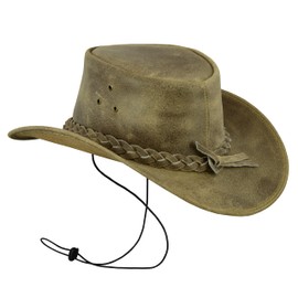 Leatherick Cowboy Hat for Men - Western Aussie Style Outback Hats Genuine Crazy Horse Leather with Chin Strap, Crazy Beige Brown