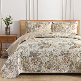 Floral Quilt Set King Size 3 Pieces Vintage Flower Bedspread with Pillow Shams Soft Microfiber Coverlet Bedding Set Reversible Bed Cover for All Seasons Neutral