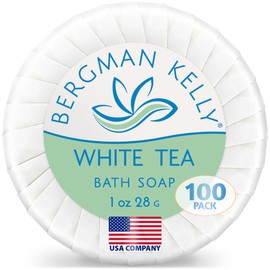 BERGMAN KELLY - Hotel Soap Bars - White Tea, 1 oz, 100 PK - Travel Size Luxury Bulk Amenities Bar Soap, Mini Individually Wrapped Round Soap - Small Toiletries for Airbnb, Motel, Guest Bathroom