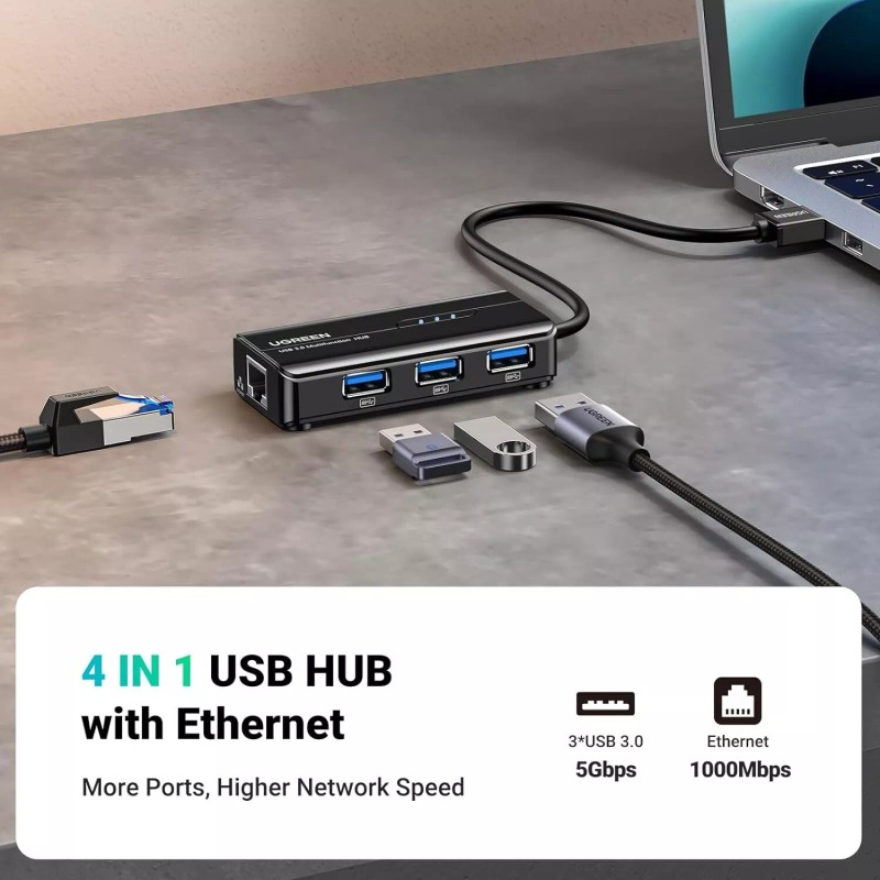 UGREEN USB 3.0 Hub Ethernet Adapter 10/100/1000 Gigabit Network Converter+3