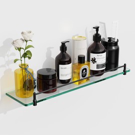 KOCOK Glass Bathroom Shelves for Wall,20-Inch Black Floating Glass Shelves for Bathroom Modern Stainless Steel Tempered Glass Shelf Wall Mount Accessories