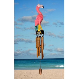 Pink Flamingo Windchime – Large Unique Rustic Tropical Outdoors - Bamboo & Wood Hanging Garden Décor – Relaxing Calming Deep Tones