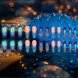 Long Coffin Press on Nails French Fake Nails with Leopard Print Designs Blue Gradient Acrylic False Nails Glossy Stick on Nails for Women Reusable Nail Kit with Nail Glue Adhesive Tabs 24Pcs