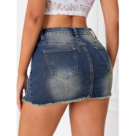 Verdusa Women's Y2K Low Waist Ripped Raw Trim Denim Bodycon Pencil Mini Skirt Medium Wash L