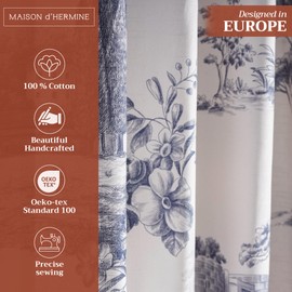 Maison d' Hermine Curtains for Living Room 100% Cotton 124 inch Length Two Panels Light Filtering Toile Curtains for Bedroom Windows with Rod and Loop Pockets Drapes (Trianon Blue, 50" W x 124" L)