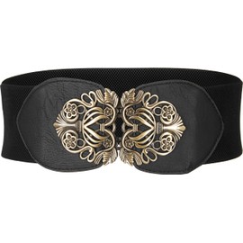 BlackButterfly 3 Inch Wide Waspie Elastic Vintage Buckle Waist Belt (Black, M)