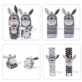 Baby Rattle Socks Wrist Strap Rattles Set, Cute Baby Animal Development Toy Gift for Newborn Babies, Black and White Foot Finder Sensory Set