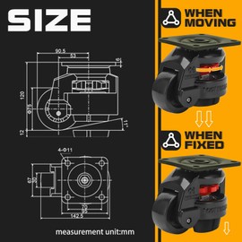 Heavy Duty Leveling Casters,Leveling Machine Casters with Rubber Pad,FM-100F Plate Mounted Retractable Workbench Caster,Leveling Feet Wheels,Loading Capacity 6600 lbs, Pack of 4(Blck-3 INCH)