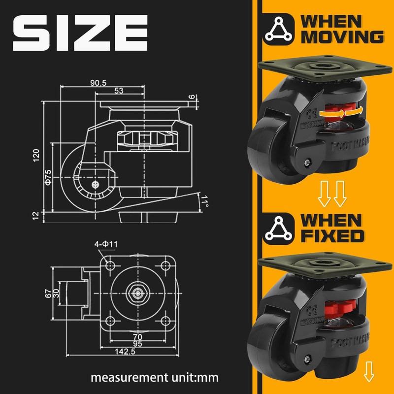 Heavy Duty Leveling Casters,Leveling Machine Casters with Rubber Pad,FM-100F Plate