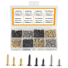 HVDHYY M2 Small Screws Set, Wood Screws Self-Tapping Screws 6 mm 8 mm 10 mm Flat Head Screws for DIY Project, Repair 1200 Pieces Golden Silver Black