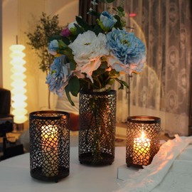 Juego de 3 portavelas de metal, juego de portavelas decorativos, candelabros para pilares, estilo clásico, perfecto para centros de mesa (negro, patrón de burbuja)