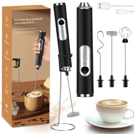 MXCOCO Agitador de Leche 6 en 1 con Base de Soporte, Espumador de Leche Eléctrico, 3 Cabezales de Acero Inoxidable y 3 Velocidades, Batidora de Mano Ideal para Capuchino, Batidos, Huevos y Harina