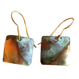 Verdigris Patina Solid Brass Domed Square Young Collectors Dangle Earrings