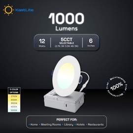 KastLite 5CCT LED Recessed Dimmable Ceiling Light with Junction Box | Ultra Slim Canless Downlight | 2700K-5000K Selectable | 1000 Lumens | 12W, 75-Watt Equivalent | Energy Star, Wet Rated | 8 Pack