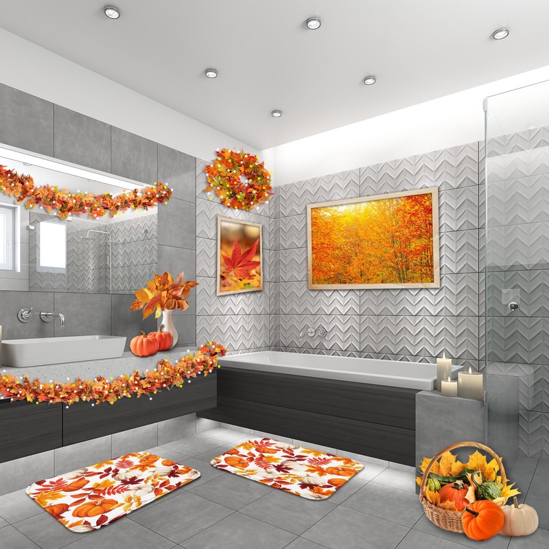 Arttown Autumn Orange Pumpkin Bathroom Rug Mat Set of 2,