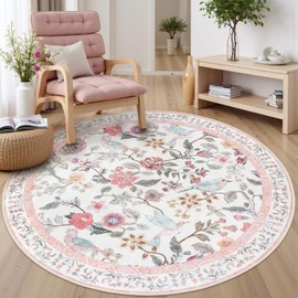 Rugalia Pink Floral Round Rugs 5ft, Washable Boho Circle Rug for Girls Bedroom, Soft Non-Slip Botanical Nursery Circular Carpet, Modern Flower Birds Throw Rug for Kids Room Living Room