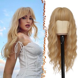 BARSDAR Long Blonde Wigs with Fringe 66 cm Long Wavy Blonde Wigs with Fringe Natural Synthetic Blonde Hair Wigs for Women Girls Daily Party Cosplay Wear (Blonde Mixed)
