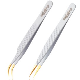 Wishbeauty Lash Extension Tweezers - 2pcs Straight and Curved Pointed Eyelash Extension Tweezers Professional Set for 3D 5D Individual Mink Eyelash Extensions (White and Gold)