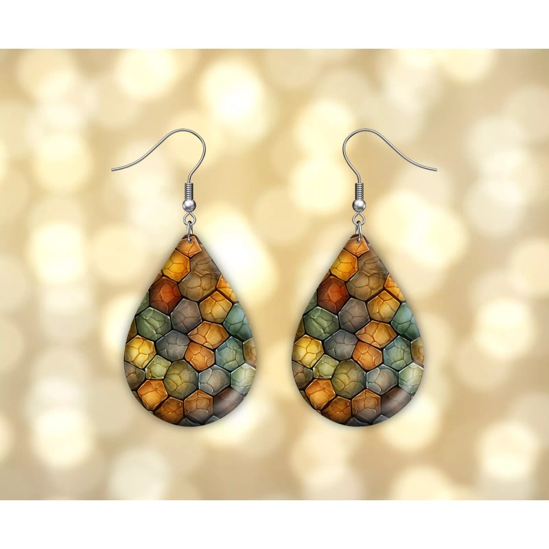 Twisted R Design Turtle Shell Wood Dangle Teardrop Print Earrings