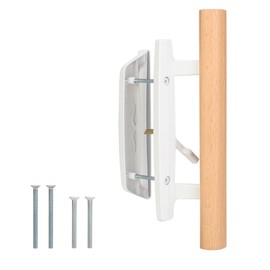 HILLMASTER Patio Sliding Door Handles Replacement Set,Mortise Style Reversible Design Non-keyed Sliding Patio Glass Door Handles with Wood Handle,White Diecast Finish Fit 3-15/16” Screws Hole Spacing