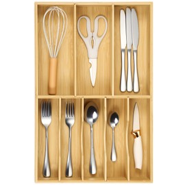 Fabsome Silverware Organizer for Kitchen Drawers, 2.5'' Deep 12.8'' Wide Bamboo Wood Flatware Tray with Deep Slots for Large Cutlery Utensil Drawer