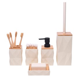 Set de Accesorios para Baño 5 Piezas con Detalles en Bambú Diseño Minimalista  Incluye Escobilla, Dispensador, Vaso, Porta Cepillos y Jabonera