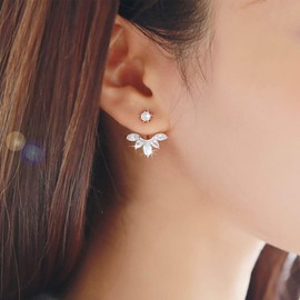 Ximdble Vintage Crystal Lotus Ear Jacket Earrings Rhinestone Lotus Stud Earrings Gold Cz Lotus Ear Climber Earrings Crystal Curved Earrings for Women