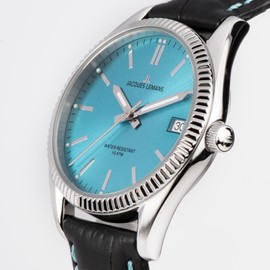 JACQUES LEMANS Women's Watch 'Anniversary Collection 50 Years' Derby 34 mm 10 ATM Date with Leather Strap 50-4 in Various Designs, Silver / turquoise, Strap.