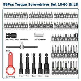 VANPO Torque Screwdriver 10-60 in.lb, 99Pcs 1/4" Drive Inch Pound Torque Wrench Screwdriver Set with T-bar Handle, Flat, Hex, Torx, and Phillips Bits for Scope Mounting, DIY and Maintenance