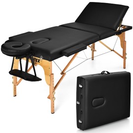 Giantex 84inch Folding Massage Table Lash Bed, Portable 3 Sections Spa Salon Tattoo Bed with Face Cradle Armrests Wooden Legs, Professional Massage Bed Height Adjustable with Carry Case (White)