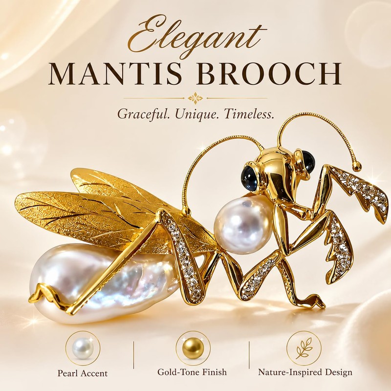 Gold Mantis Brooch, Pearl Clear Crystal Insect Lapel Pin