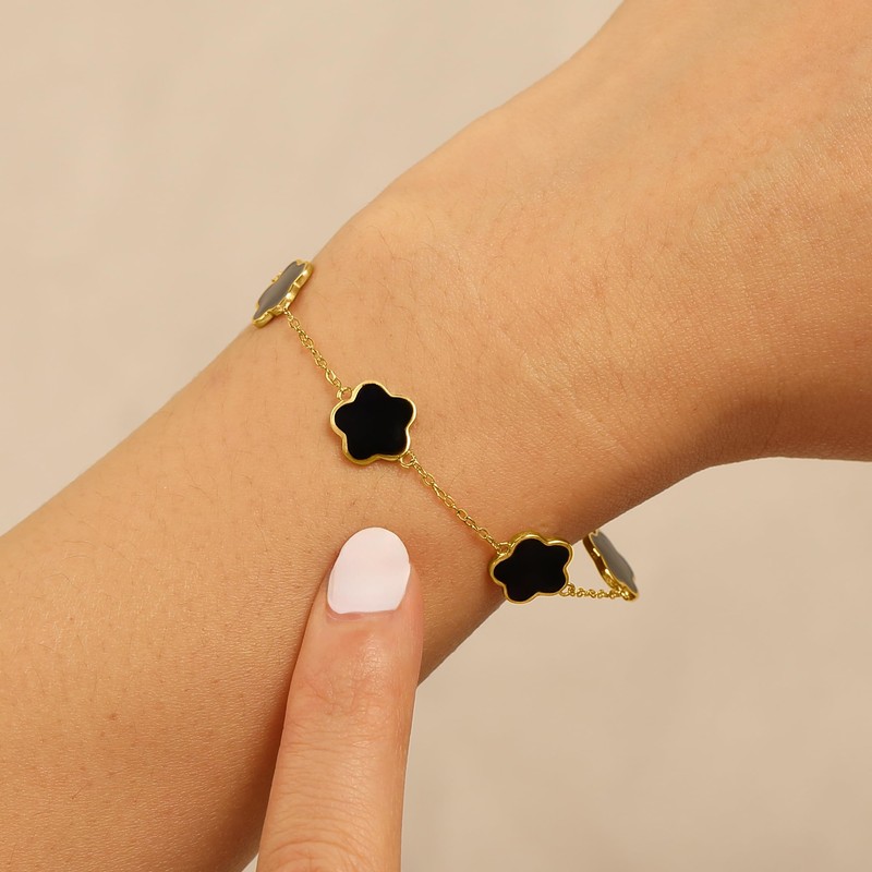 XAYAH Dainty Flower Lucky Leaf Bracelet Black Agate for Women