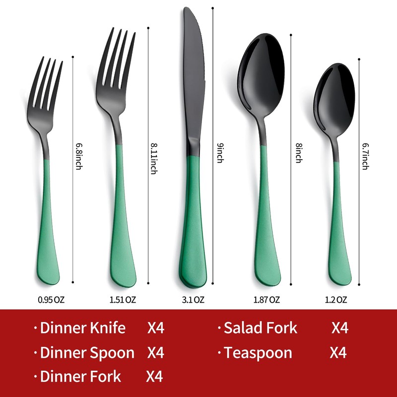 Onlycooker 20-Piece Green Silverware Set - 18/0 Stainless Steel, Black