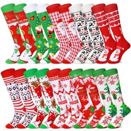 Suhine 10 Pairs Christmas Compression Socks Christmas Long Knee High Socks Christmas Long Socks Holiday Socks for Women Men(Elegant Style)
