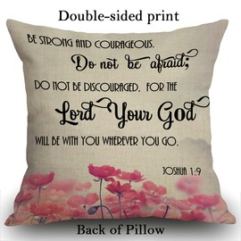 Smooffly Christian Bible Verses Scripture Quotes Joshua-1:9 Pink Flowers Cushion Cover 18x18 inch Linen Square Throw Pillow Cover for Living Room Sofa Couch Bed Pillowcase 45cm x 45cm