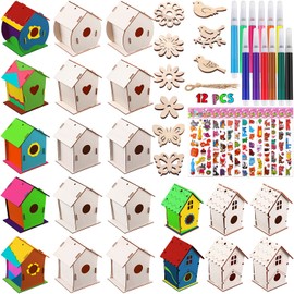 Tuanse 107 Pcs Wooden Birdhouse DIY Kits, Includes 21 Unfinished Wood Mini Bird House 24 Watercolor Pen 50 Bird Butterfly Flower Slices 12 Cute Animal Stickers for Adults DIY Craft Making Supplies