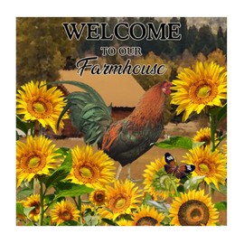 Welcome to Our Farmhouse Wall Decals Inspirational Retro Rooster Oil Painting Sunflower Wall Sticker Vinyl Wall Art Murals Quotes for Bedroom Car Home Wall Decor