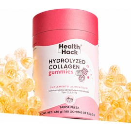 Health Hack Colágeno Hidrolizado en Gomitas, 1910 mg con 5 Tipos de Colágeno I, II, III, V y X, Ácido Hialurónico, Vitamina C, Zinc y Biotina, Sabor Fresa, Sin Azúcar, 180 Gomitas