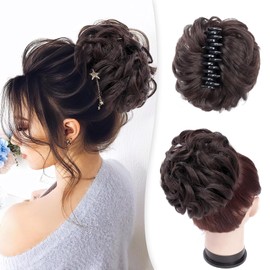 Foaoit Claw Clip Messy Bun Hair Piece, Large Fake Hair Bun Extension, Tousled Wavy Curly Updo Hair Pieces for Women Messy Bun Accessories for Wedding or Daily Use（Darkest Brown）
